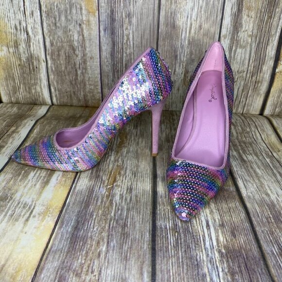 NWOB Womens Qupid Brand Pastel Rainbow Sequin Stiletto Pumps size 8 - Picture 2 of 7